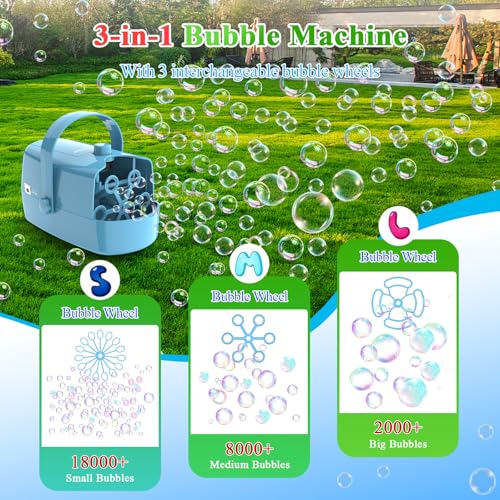 Wisdomlit Bubble Machine 3in1 Bubble Maker Bubble Blower with 3 Bubble Wheels Make Small  Medium  Big Bubbles for Kids Toddlers Bubble Toys for Indoor Outdoor Birthday Party Blue - Image 5