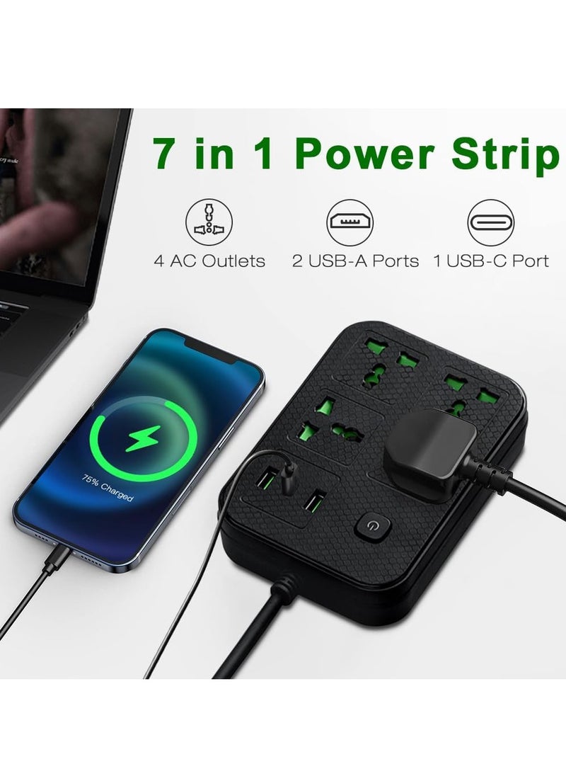 Necomi - Universal Power Cord Expansion Lead Socket, Wall Plug Adapter with,(2.1A)2 x USB, 1 x Type C and 4 Group Smart Power Outlets, Surge Protection UK Plug Power Cord(2M/Black) - Image 1