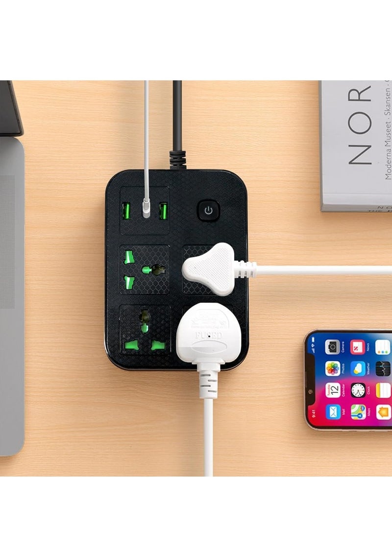 Necomi - Universal Power Cord Expansion Lead Socket, Wall Plug Adapter with,(2.1A)2 x USB, 1 x Type C and 4 Group Smart Power Outlets, Surge Protection UK Plug Power Cord(2M/Black) - Image 1