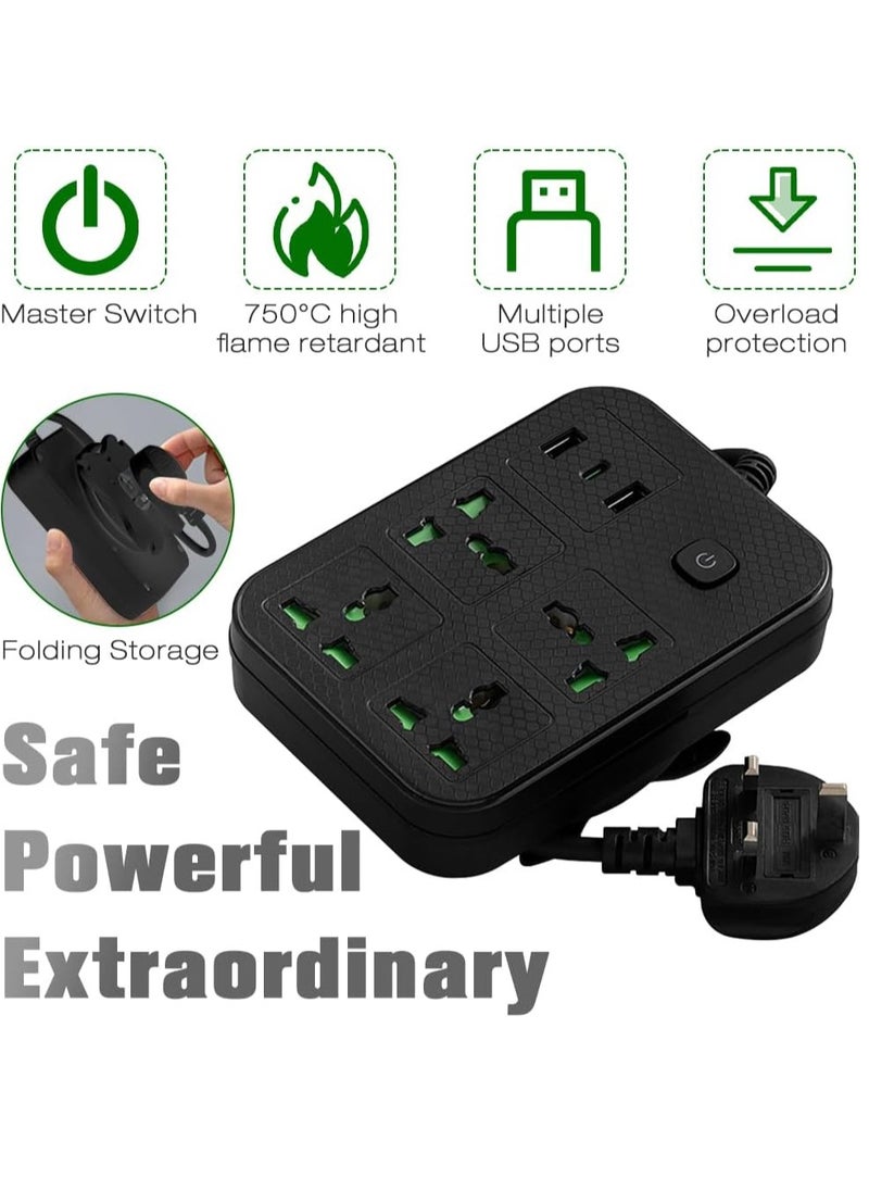 Necomi - Universal Power Cord Expansion Lead Socket, Wall Plug Adapter with,(2.1A)2 x USB, 1 x Type C and 4 Group Smart Power Outlets, Surge Protection UK Plug Power Cord(2M/Black) - Image 1