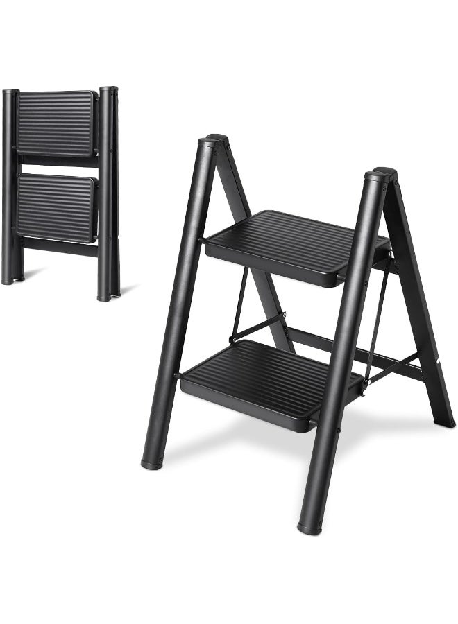 2 Step Ladder Folding Step Stool, Heavy Duty 330 Lbs Load Stepladder, Small Kitchen/Closet Ladder For Adults/Kids, Lightweight Step Ladder With Anti-Slip Wide Pedal For Home, Black