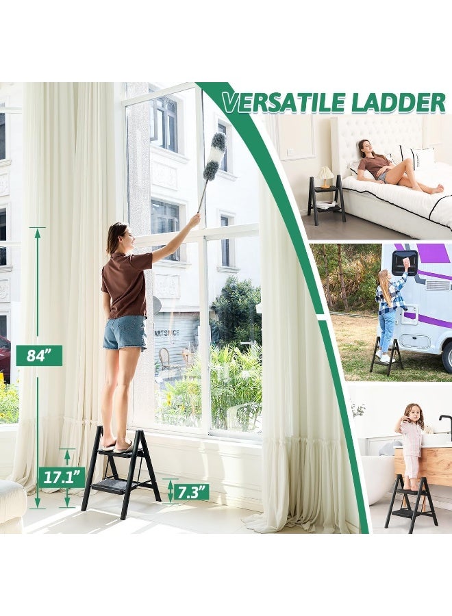 2 Step Ladder Folding Step Stool, Heavy Duty 330 Lbs Load Stepladder, Small Kitchen/Closet Ladder For Adults/Kids, Lightweight Step Ladder With Anti-Slip Wide Pedal For Home, Black