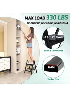 MOMENT 2 Step Ladder Folding Step Stool, Heavy Duty 330 Lbs Load Stepladder, Small Kitchen/Closet Ladder For Adults/Kids, Lightweight Step Ladder With Anti-Slip Wide Pedal For Home, Black  - Image 3