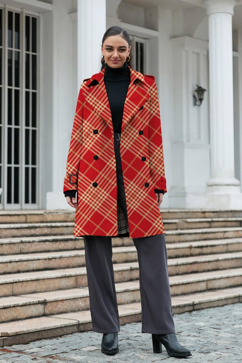 Betusline Women's Long Trench Coat Double Breasted Classic Windbreaker Jacket Lapel Overcoat Outerwear with Belt, Red Yellow, M - Image 2