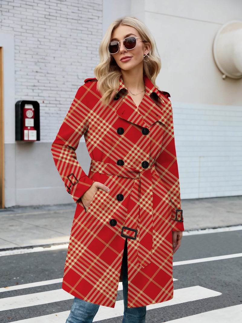 Betusline Women's Long Trench Coat Double Breasted Classic Windbreaker Jacket Lapel Overcoat Outerwear with Belt, Red Yellow, M - Image 3