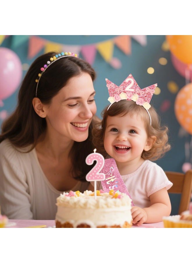 Atoden 2 Year Old Birthday Headband and Sash Happy 2nd Birthday Decorations for Girl Glitter Flower Princess Crown Tiara with Pink Bow Party Costume Outfit Gifts - Image 3