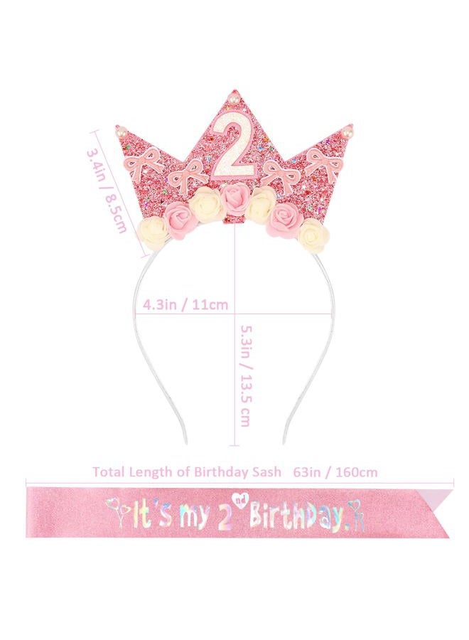 Atoden 2 Year Old Birthday Headband and Sash Happy 2nd Birthday Decorations for Girl Glitter Flower Princess Crown Tiara with Pink Bow Party Costume Outfit Gifts - Image 5