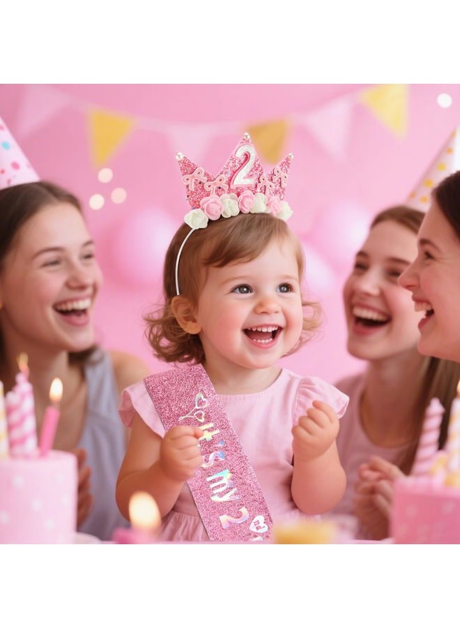 Atoden 2 Year Old Birthday Headband and Sash Happy 2nd Birthday Decorations for Girl Glitter Flower Princess Crown Tiara with Pink Bow Party Costume Outfit Gifts - Image 2