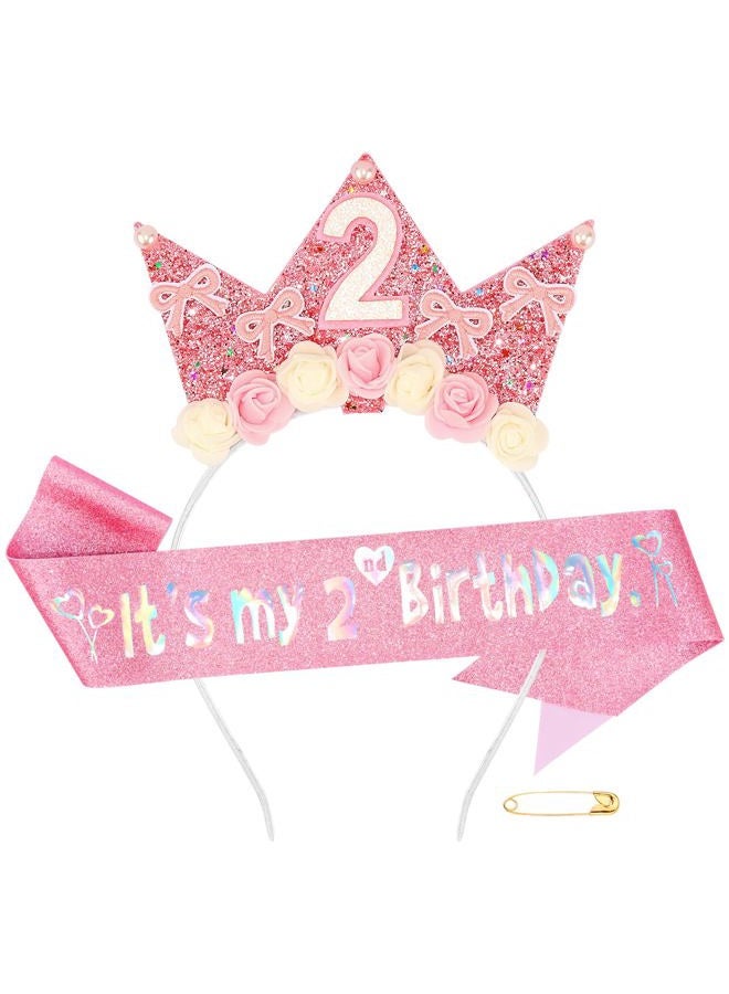 Atoden 2 Year Old Birthday Headband and Sash Happy 2nd Birthday Decorations for Girl Glitter Flower Princess Crown Tiara with Pink Bow Party Costume Outfit Gifts - Image 1