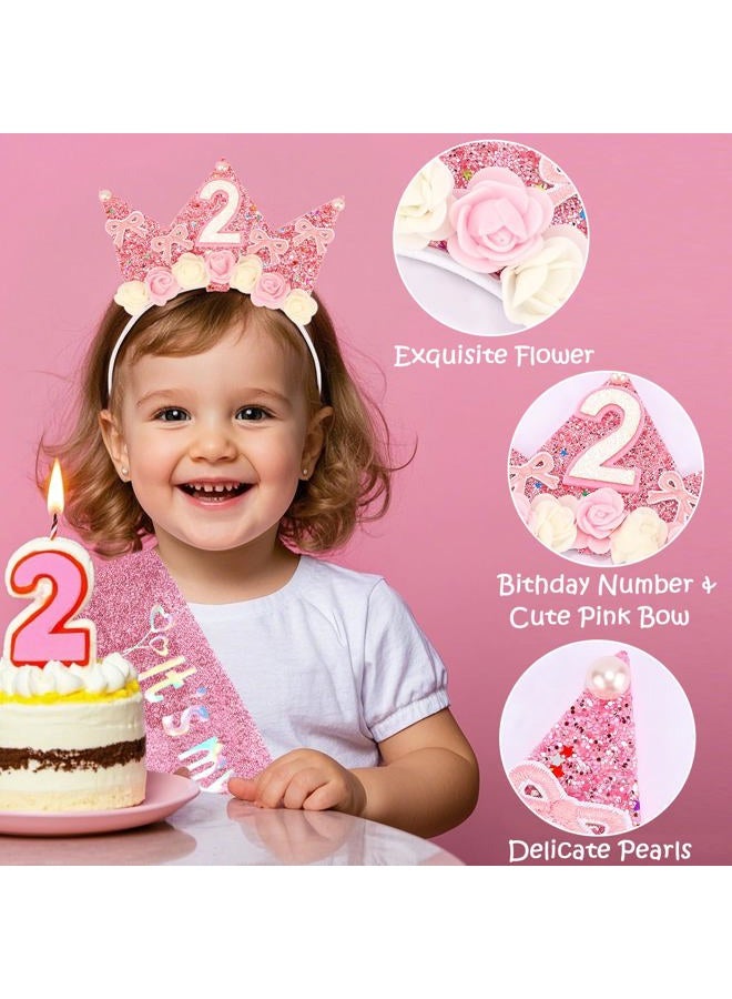 Atoden 2 Year Old Birthday Headband and Sash Happy 2nd Birthday Decorations for Girl Glitter Flower Princess Crown Tiara with Pink Bow Party Costume Outfit Gifts - Image 4