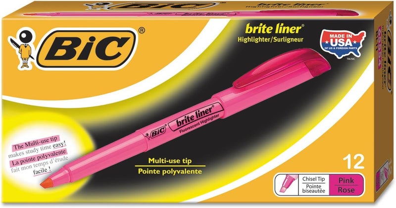 BIC Brite Liner Highlighter Grip Pens - Pink, Box of 12 - Image 1