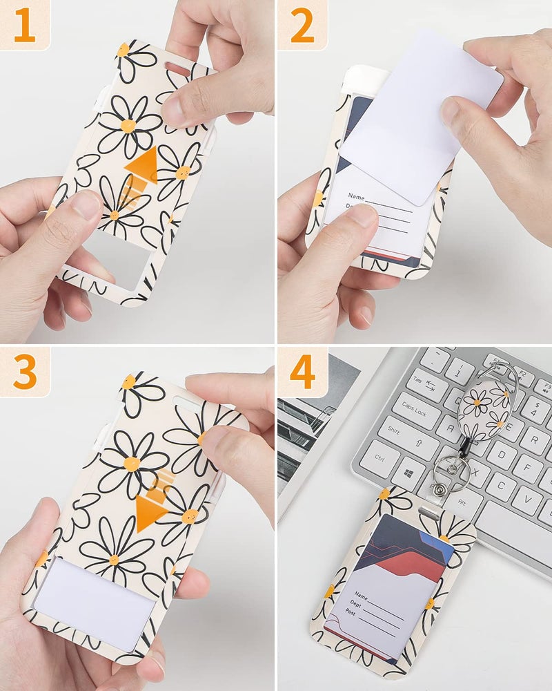 Uniclife Floral Sliding Badge Holder White Flower Plastic Case with Retractable Badge Reel Carabiner Clip & Detachable Lanyard Strap Fashionable Vertical Card Protector for Women Nurse Teacher Student - Image 3