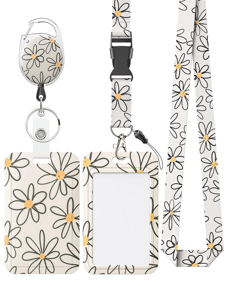 Uniclife Floral Sliding Badge Holder White Flower Plastic Case with Retractable Badge Reel Carabiner Clip & Detachable Lanyard Strap Fashionable Vertical Card Protector for Women Nurse Teacher Student - Image 1