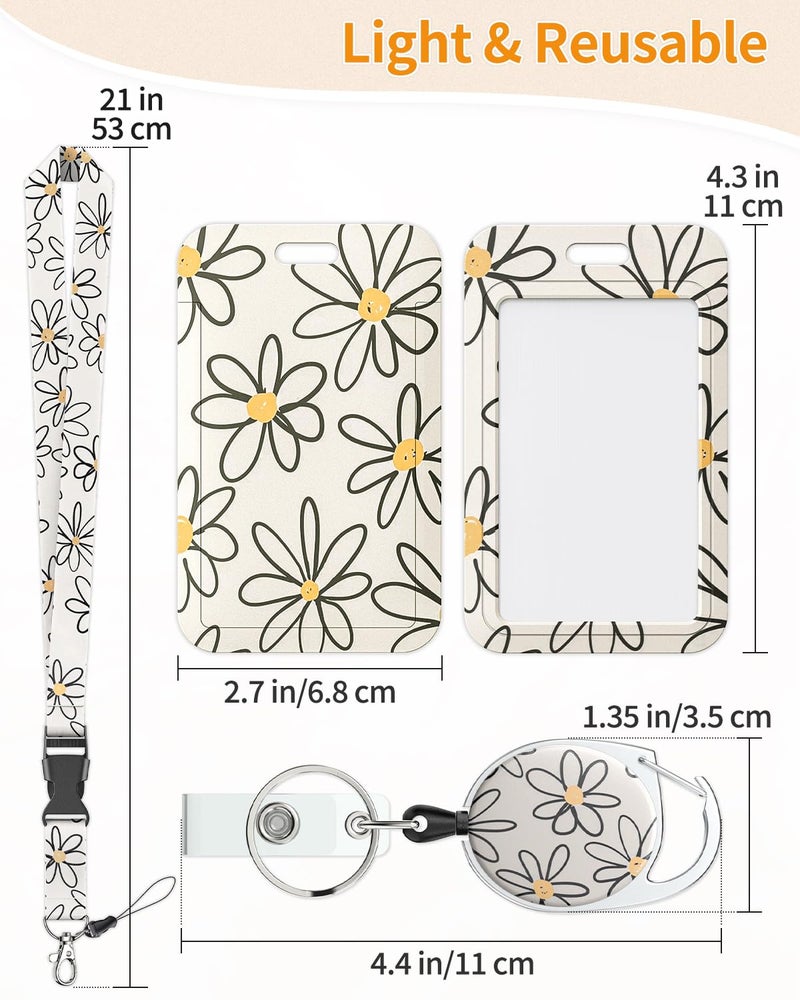 Uniclife Floral Sliding Badge Holder White Flower Plastic Case with Retractable Badge Reel Carabiner Clip & Detachable Lanyard Strap Fashionable Vertical Card Protector for Women Nurse Teacher Student - Image 4