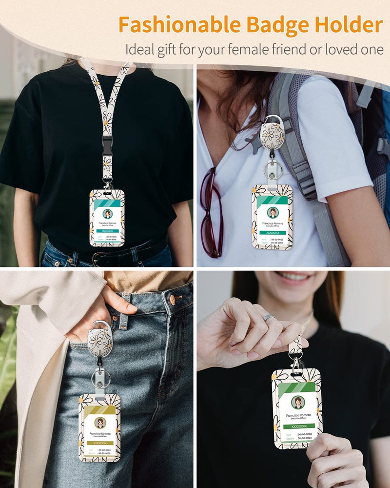Uniclife Floral Sliding Badge Holder White Flower Plastic Case with Retractable Badge Reel Carabiner Clip & Detachable Lanyard Strap Fashionable Vertical Card Protector for Women Nurse Teacher Student - Image 2