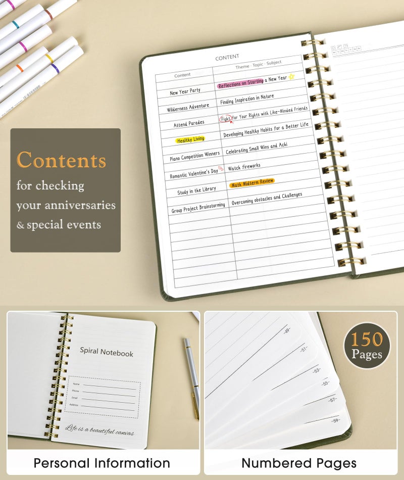 PAPEJOON Lined Spiral Journal Notebook, A5 Hardcover Spiral Journals for Women Men, 150 Numbered Pages Spiral Bound Notebook, 100 GSM College Ruled Notebooks for Work, Note Taking 5.75" x 8.38", Olive Green - Image 2