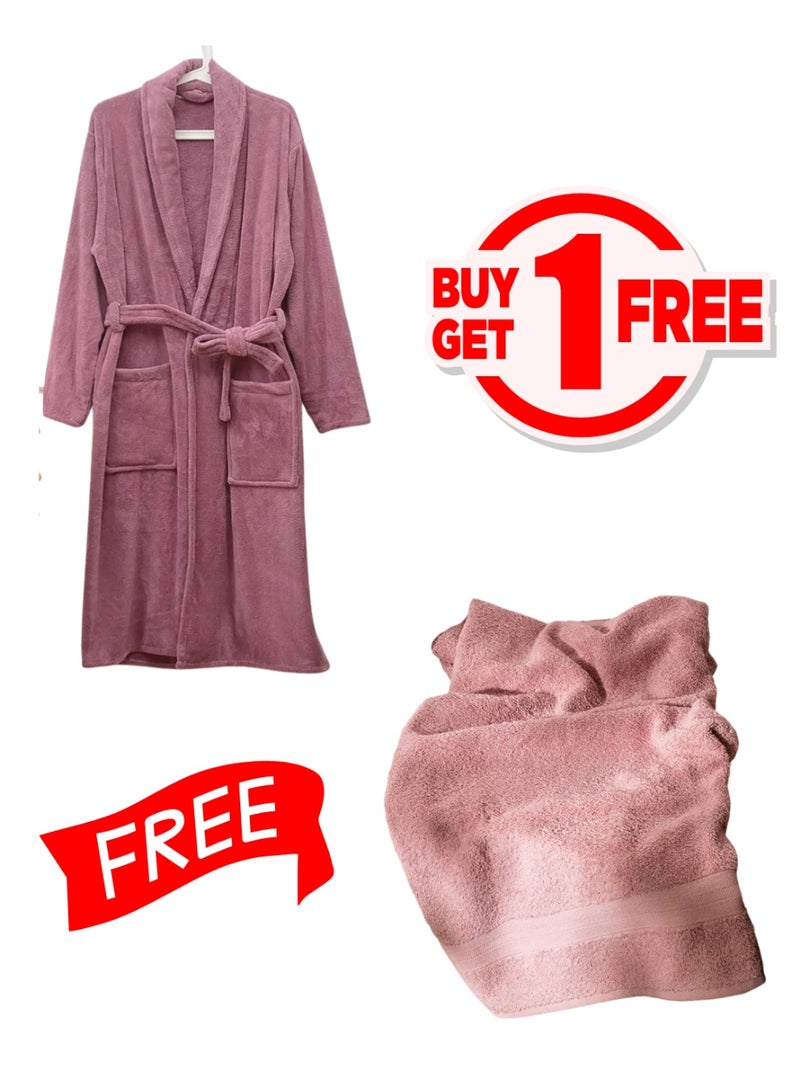 TM HOME Limited Time Offer from TM HOME – Buy One Luxury Hotel Bathrobe 100% Natural Cotton & Get One Free Towel (50×100 cm) – Elegant Pink Color – Ultra-Soft, Absorbent & Premium Quality - Image 1