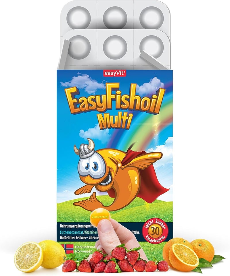 easyVit EasyFishoil Multivitamin Omega 3 Jelly - 30 Soft Jelly Capsules with 11 Vitamins for Children, Natural Lemon & Orange Flavor - Image 1