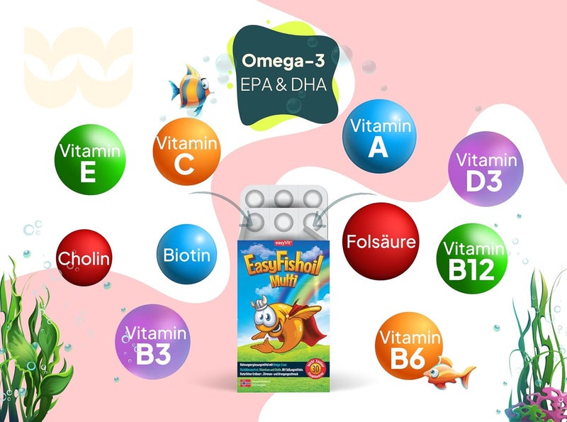 easyVit EasyFishoil Multivitamin Omega 3 Jelly - 30 Soft Jelly Capsules with 11 Vitamins for Children, Natural Lemon & Orange Flavor - Image 5