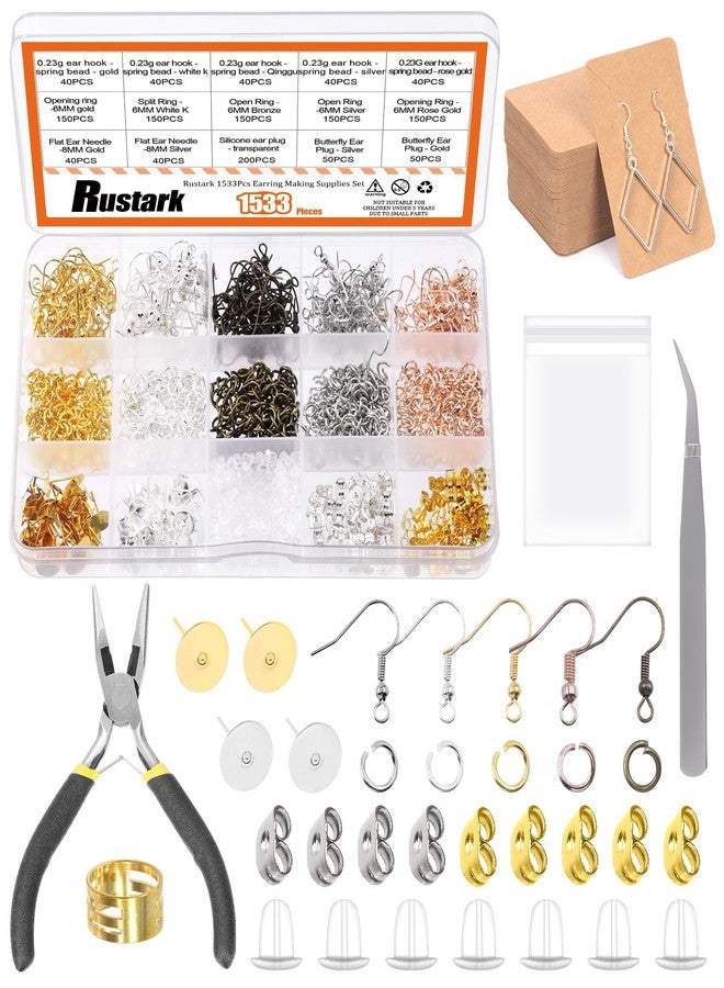 Rustark 1533Pcs Hypoallergenic Earring Making Supplies Kit with Earring Hook, Earring Back, Earring Posts, Jump Ring, Jewelry Pliers, Earring Holder Card, Clear Bag for Jewelry Making Earring Repair - Image 1