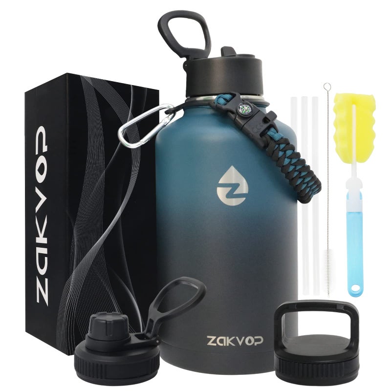 ZAKVOP ZAKVOP 64 oz Insulated Water Bottle with Straws3 Lids Half Gallon Water Bottle Stainless Steel Double Walled Big Water Jug with Paracord Handle Large Metal Water Bottle for Gym