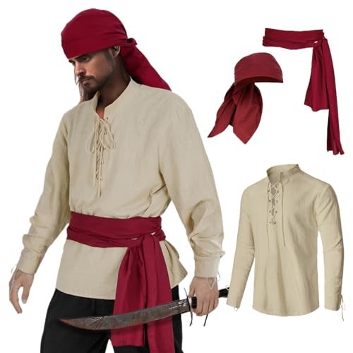 HSDOU Mens Pirate 3 Pcs Costume Set Renaissance Pirate Shirt Medieval Costume Viking (Z3760YE, 3XL) - Image 1