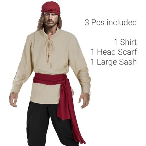 HSDOU Mens Pirate 3 Pcs Costume Set Renaissance Pirate Shirt Medieval Costume Viking (Z3760YE, 3XL) - Image 2