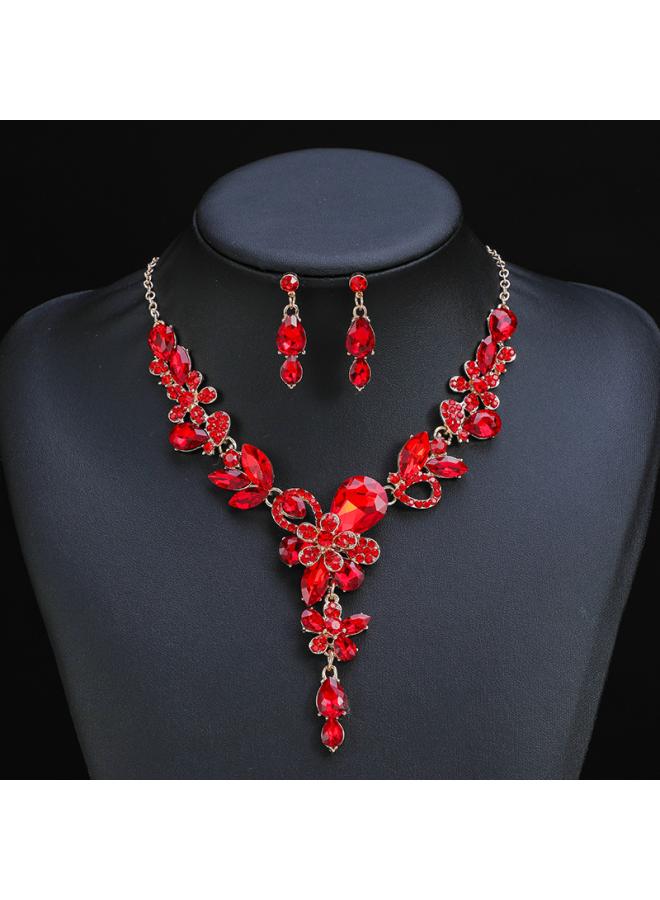 Spring New European And American Retro Necklace Earrings Two-piece Flower Crystal Double Flower