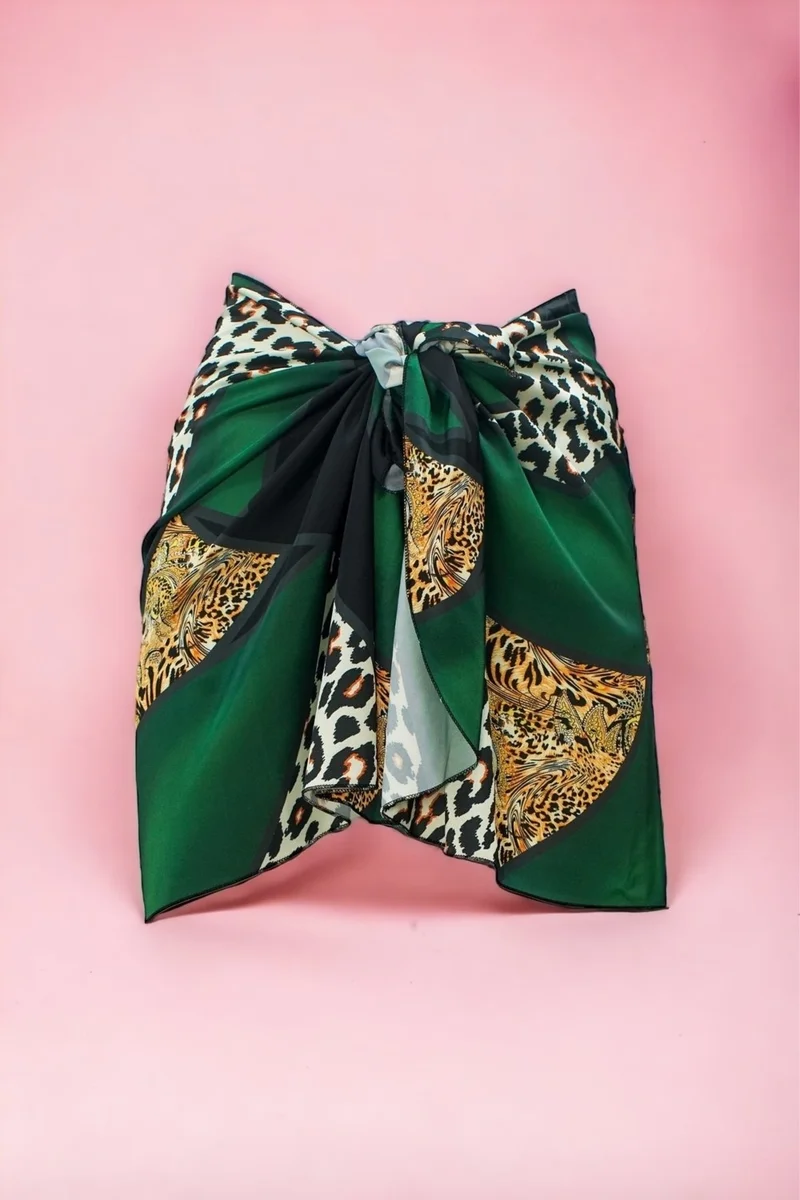 Pistore Green Leopard Patterned Short Pareo Satin Women's Beach Dress New Season