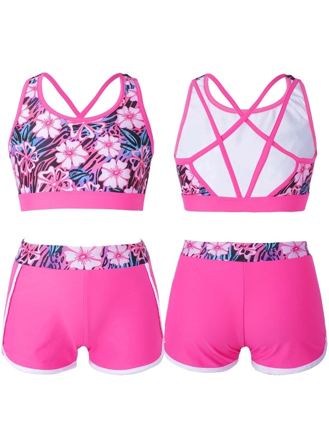 2Pcs Kids Girls Printed Swimsuit Outfit U Neck Strappy Back Crop Top with Boyshorts Shorts Bottoms Set Swimsuit for Beach Pool Swimming Bathing Suit