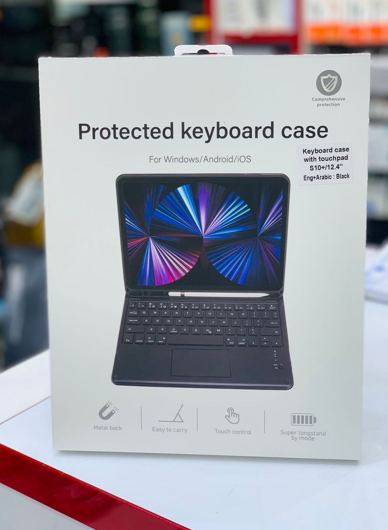 New Samsung Galaxy Tab S10 Plus / S9 PLUS / S9 FE+ 12.4" Smart Keyboard Case with Touchpad – Arabic/English Bluetooth Keyboard, Detachable, Slim Stand Cover – Black - Image 3