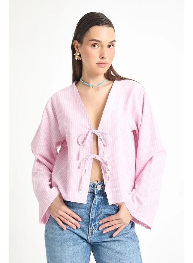 mina aise Pink Striped Poplin Fabric Front-Tied Blouse 29276.