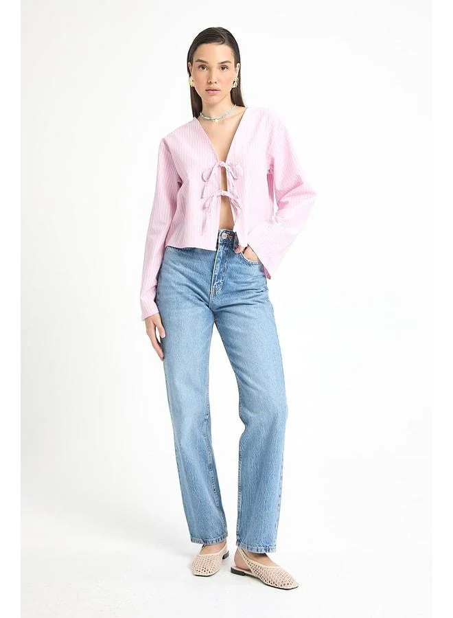 mina aise Pink Striped Poplin Fabric Front-Tied Blouse 29276.