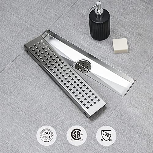 SaniteModar Shower Drain, 12 inch Linear Shower Drain with Removable Square Hole Panel, AISI 304 Stainless Steel Brushed Shower Floor Linear Drain with Adjustable Feet and Hair Strainer - Image 4