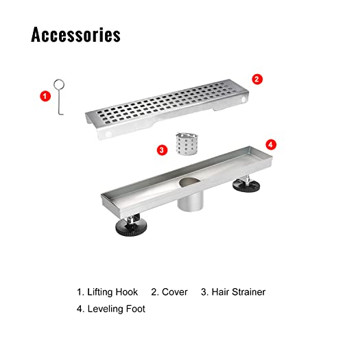 SaniteModar Shower Drain, 12 inch Linear Shower Drain with Removable Square Hole Panel, AISI 304 Stainless Steel Brushed Shower Floor Linear Drain with Adjustable Feet and Hair Strainer - Image 5