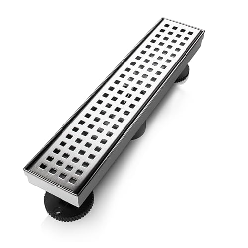 SaniteModar Shower Drain, 12 inch Linear Shower Drain with Removable Square Hole Panel, AISI 304 Stainless Steel Brushed Shower Floor Linear Drain with Adjustable Feet and Hair Strainer - Image 1
