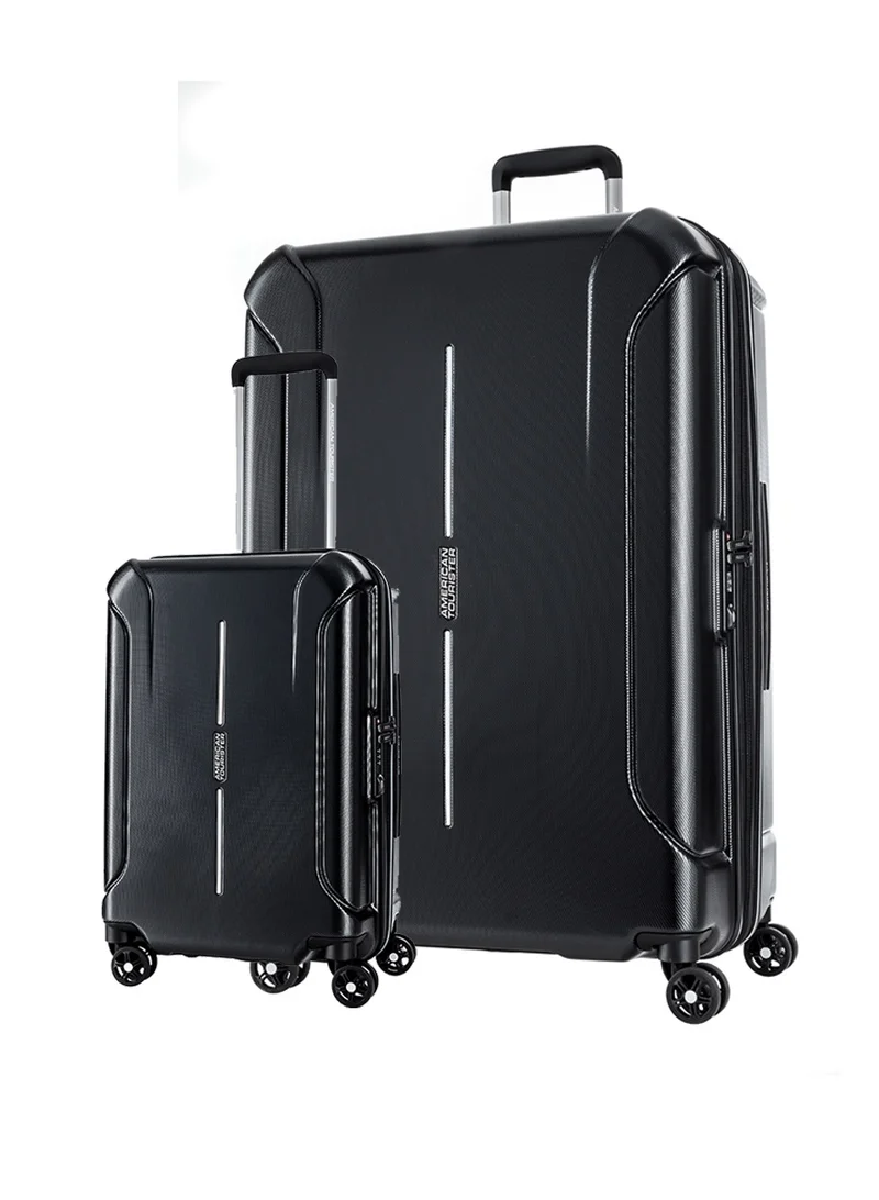 Technum Suitcase, 2pc Set (55 + 77 cm), 4 Spinner Wheels, Hard Top, Polycarbonate, Diamond Black|DuoSaf™ Security Zipper|Dual Tube Pull Handle|Expandable|TSA Lock - 3 Years International Warranty