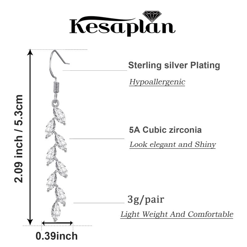 KesaPlan 925 Silver Dangle Earrings for Women Olive Leaves Crystal Dangle Earrings for Wedding Sparkly Prom Party - Image 2