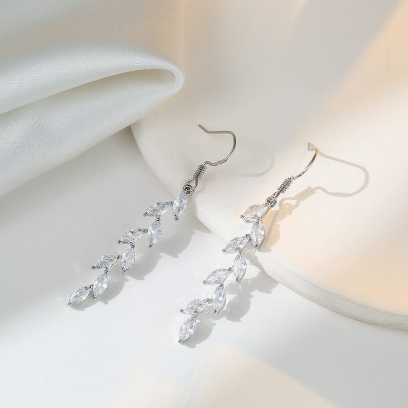 KesaPlan 925 Silver Dangle Earrings for Women Olive Leaves Crystal Dangle Earrings for Wedding Sparkly Prom Party - Image 5