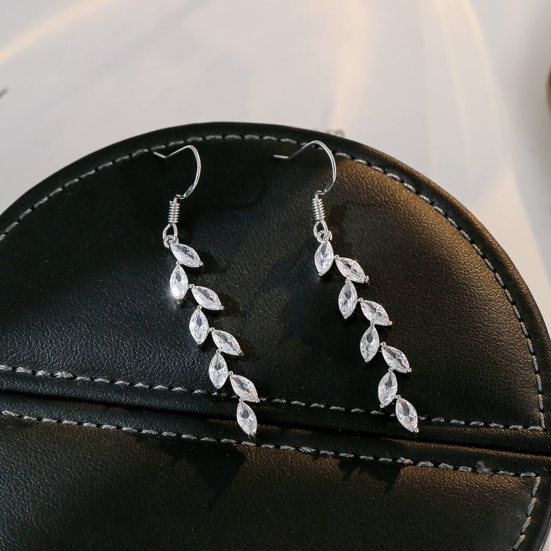KesaPlan 925 Silver Dangle Earrings for Women Olive Leaves Crystal Dangle Earrings for Wedding Sparkly Prom Party - Image 3