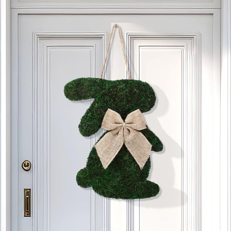 Amyhill Easter Moss Bunny Wreath for Front Door Fake Moss Bunny Sign Hanging Wooden Wreath with Burlap Bow for Spring Porch Wall Home Farmhouse Indoor Outdoor Decor - Image 2