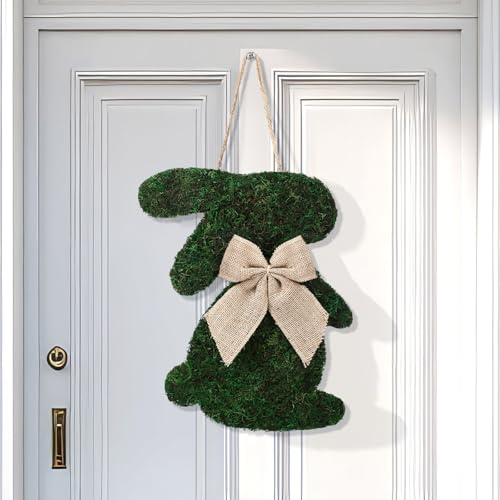 Amyhill Easter Moss Bunny Wreath for Front Door Fake Moss Bunny Sign Hanging Wooden Wreath with Burlap Bow for Spring Porch Wall Home Farmhouse Indoor Outdoor Decor - Image 1