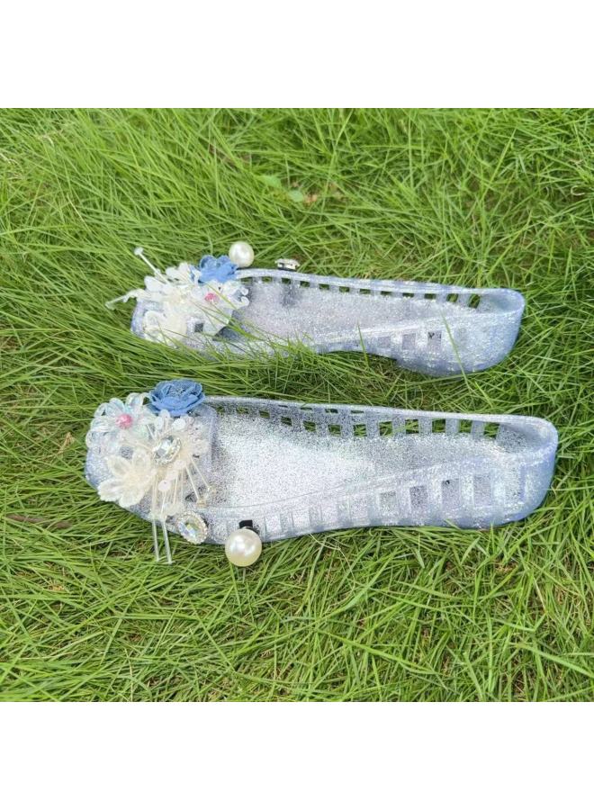 Korean Jelly Shoes Summer New Style Princess Crystal Shoes Sequin Denim Flower Pearl Shoes Fashion Shoe Buckle Trendy