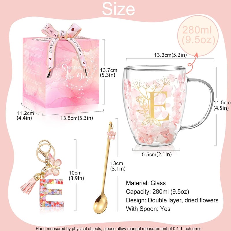 BigNoseDeer Gifts for Women Glass Coffee Mugs Unique Birthday Gift for Women Her Ladies Espresso Tea Cups Personalised Friendship Wedding Gifts Cute Double Walled Glass Mugs Pink Stuff Graduation Gift (Letter E) - Image 5