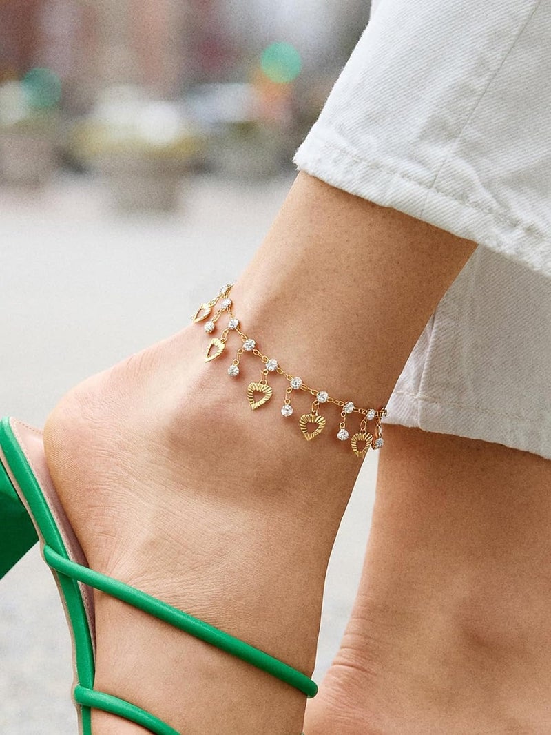 U7 Women Girls Barefoot Jewelry 18K Gold or Rose Gold Stainless Steel Heart/Rope/Figaro/Cuban Chain Anklet Foot Bracelet, 25-30 CM Long - Image 3