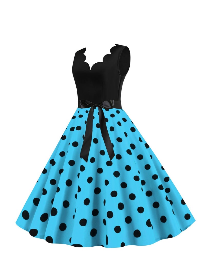 Loquat V-neck Sleeveless Polka Dot Lace Up Waist Retro Large Swing Dress Sky Blue/White  - Image 2