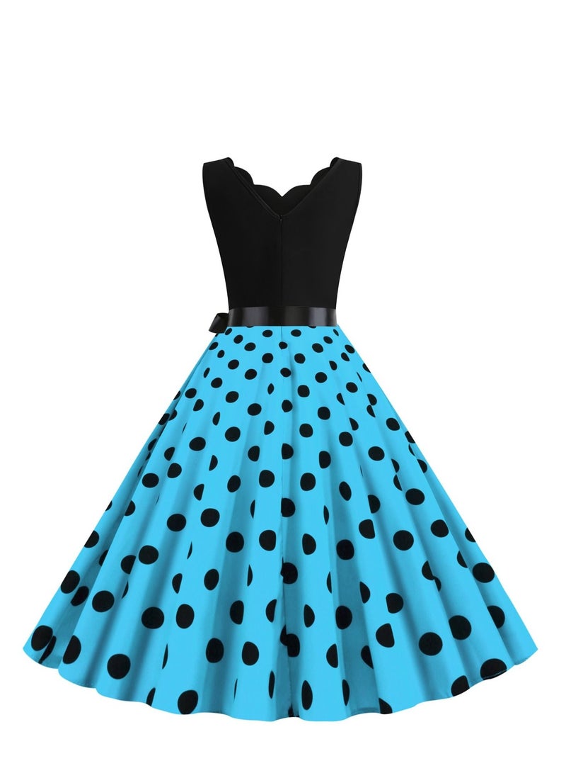 Loquat V-neck Sleeveless Polka Dot Lace Up Waist Retro Large Swing Dress Sky Blue/White  - Image 3