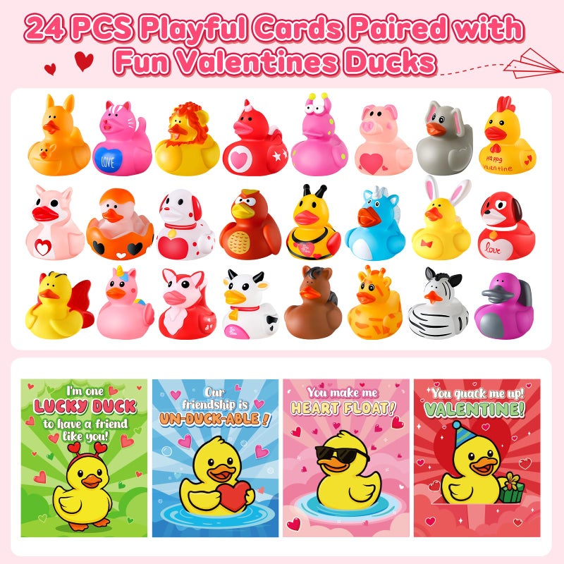 ANGGIKO 24 Pcs Rubber Ducks with Valentines Day Cards for Kids School Classroom Valentines Theme Rubber Ducks in Bulk Valentines Day Gifts for Kids Classroom Exchange Prizes Valentines Day Party Favors - Image 3