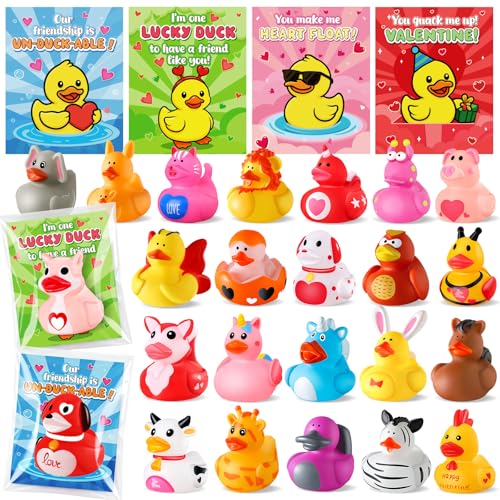 ANGGIKO 24 Pcs Rubber Ducks with Valentines Day Cards for Kids School Classroom Valentines Theme Rubber Ducks in Bulk Valentines Day Gifts for Kids Classroom Exchange Prizes Valentines Day Party Favors - Image 1