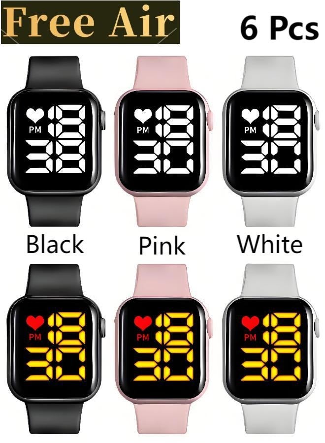 Free Air 6 Pcs Kids' Square Water Resistant Silicone Digital Watch(As Shown in The Figure) - Image 1